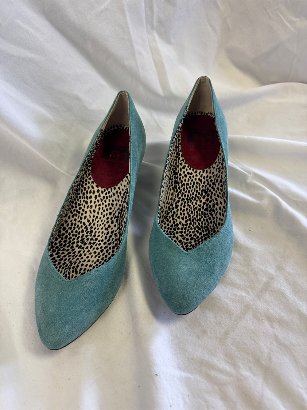BCBG Teal Suede Pointed-Toe Flats with Leopard Lining
